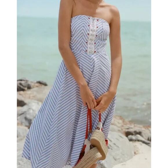 Anthropologie Maeve White Blue striped sailor Strapless Dress - Picture 1 of 7